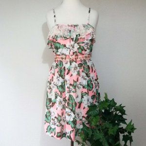 Floral Summer Dress Peachy Pink Green Lace Ruffle Elastic Waist Spaghetti Strap